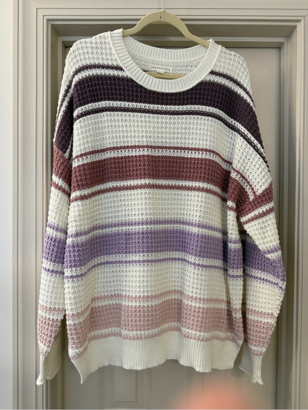 Aeropostale L Cotton Blend Cream Sweater with Mauve, Lavender & Plum Stripes